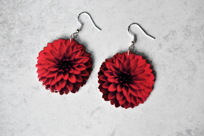 Red Ball Dahlia Blossom Flower Earrings